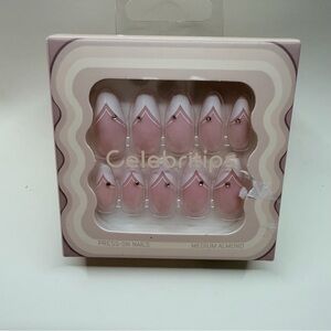CelebrityTips Pink French Tip Press-On Nails – Medium Almond w/ Rhinestones